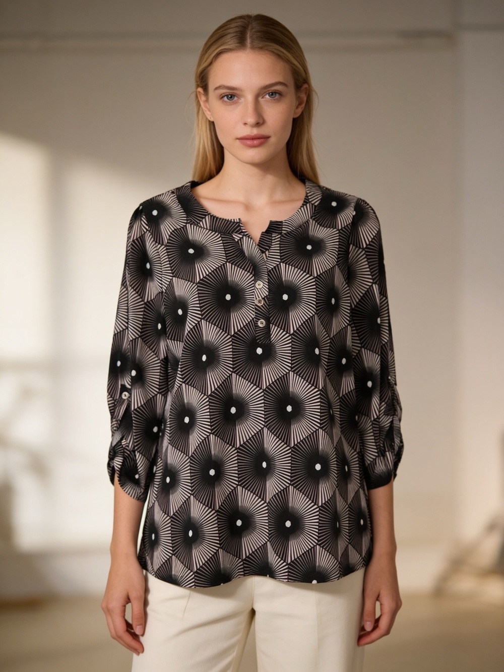 Carolyn Taylor Geometric Print Roll Tab Blouse Pink Black Large